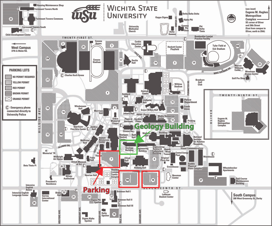 WSU Location Map highlighting the Geography Building and its parking lot. 