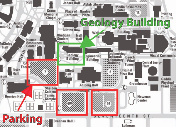 Closeup map of the Geology Building and its parking lots. 