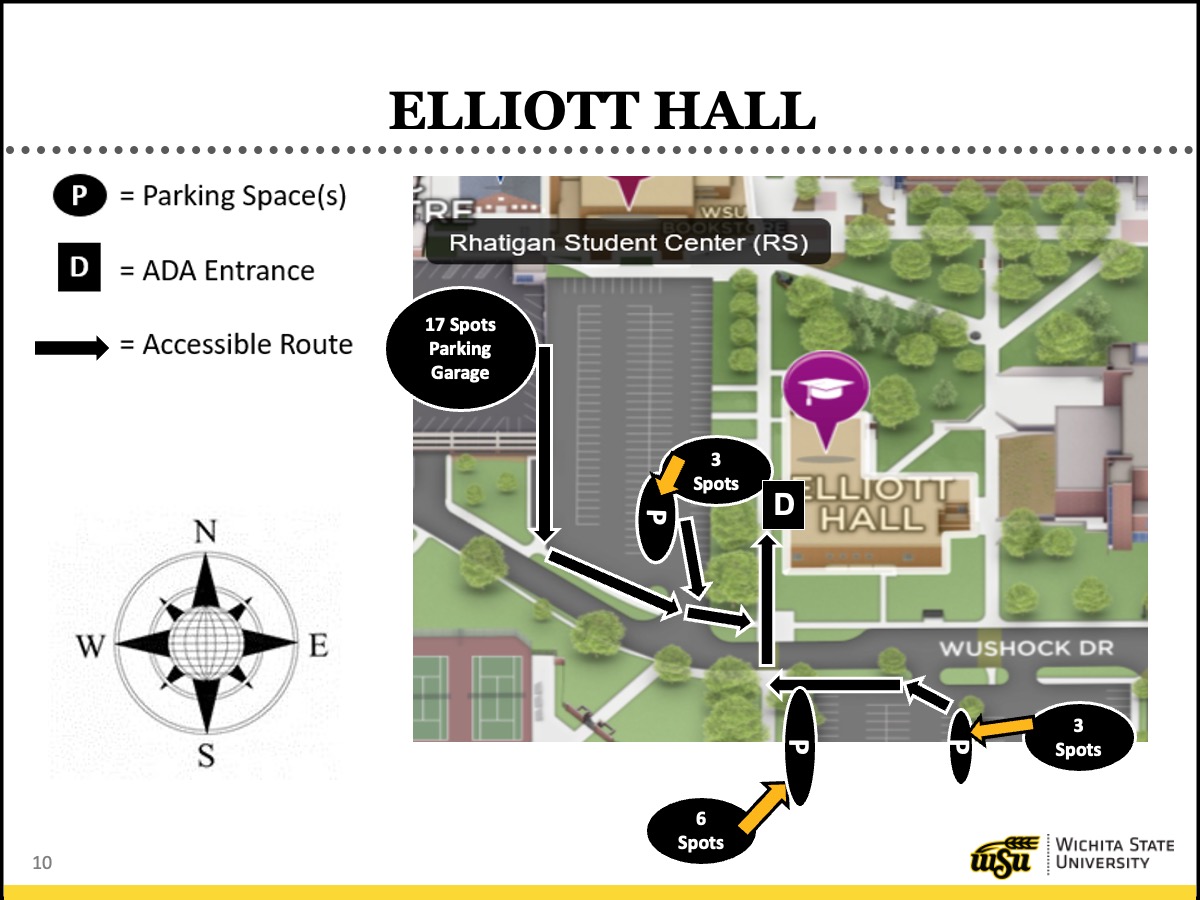 Click for a bigger view Mini map displaying the location of Elliot Hall and accessible parking and pathways.