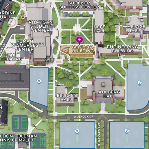 Mini map displaying the location of the Geology Building. You can click to visit the WSU interactive campus map.