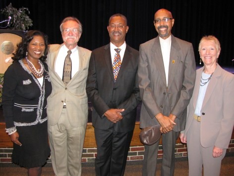 L-R, Kansas African American Museum director Prisca Barnes, WSU VP and General Counsel Ted Ayres, John W. Franklin of the National Museum of African American History & Culture, Robert E. Weems, Jr., and Associate Dean Linnea Glenmaye at the fourth annual Gordon Parks Lecture Series