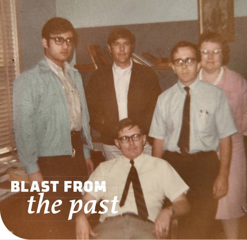 Pictured left to right: Joe Gambone ‘67/69, Ron Koksal ’68, Mike Heaston ‘66/69 and Gen Woods. Seated is Ed Berger ‘67/69.