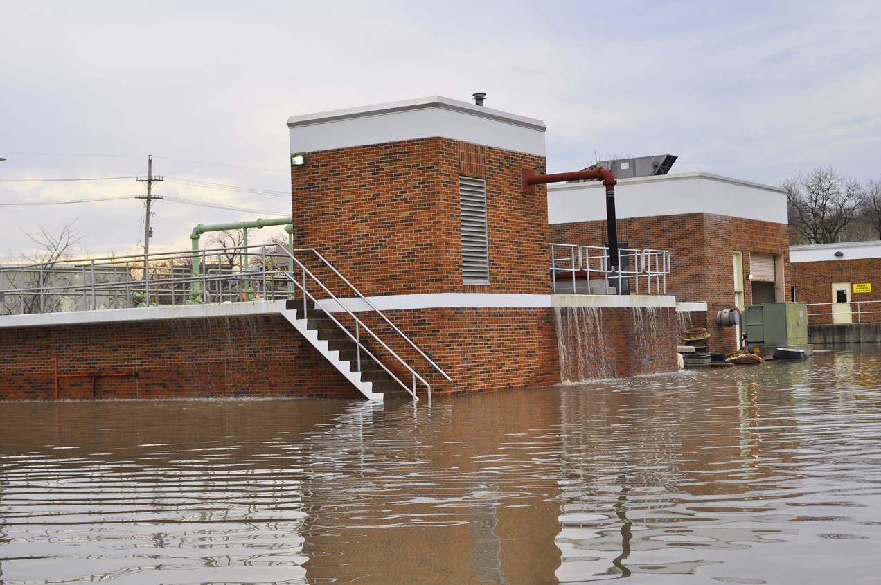 Aeration basin of wastewater treatment plan flooded by stormwater