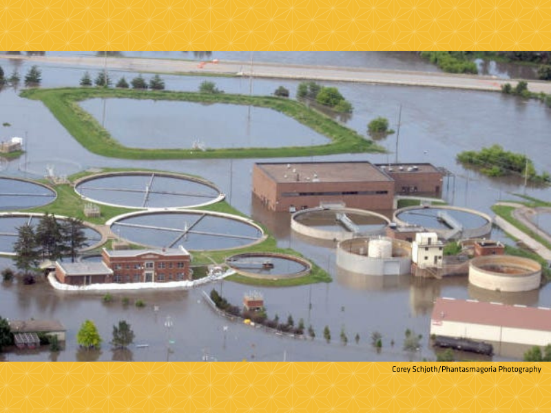 Aerial image of water treatment plant surrounded by flood waters.
