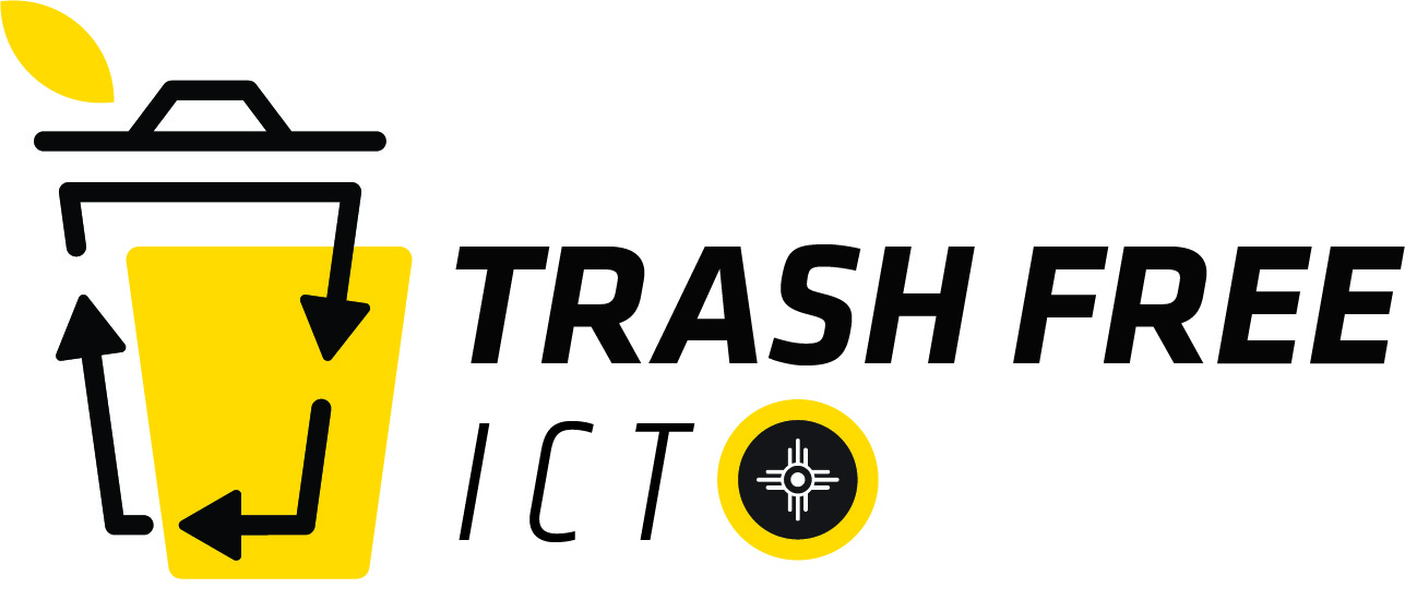 Trash Free ICT logo - yellow recycle bin with wichita flag logo