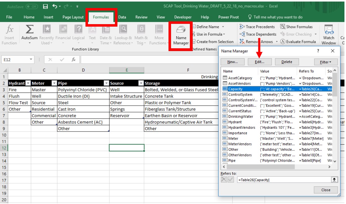 Excel screenshot showing how to click on the Formulas tab on top ribbon, then click Name Manager button. A Name Manager popout window will appear. Find the edited asset category, then click Edit at the top of the Name Manager popout window.