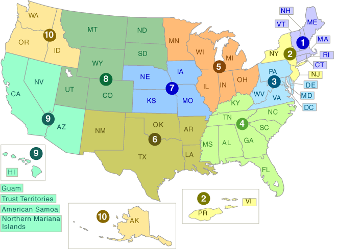 map of EPA regions in the USA