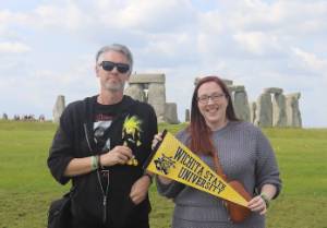 Professors Fran Connor and Katie Lanning in front of Stonehenge.