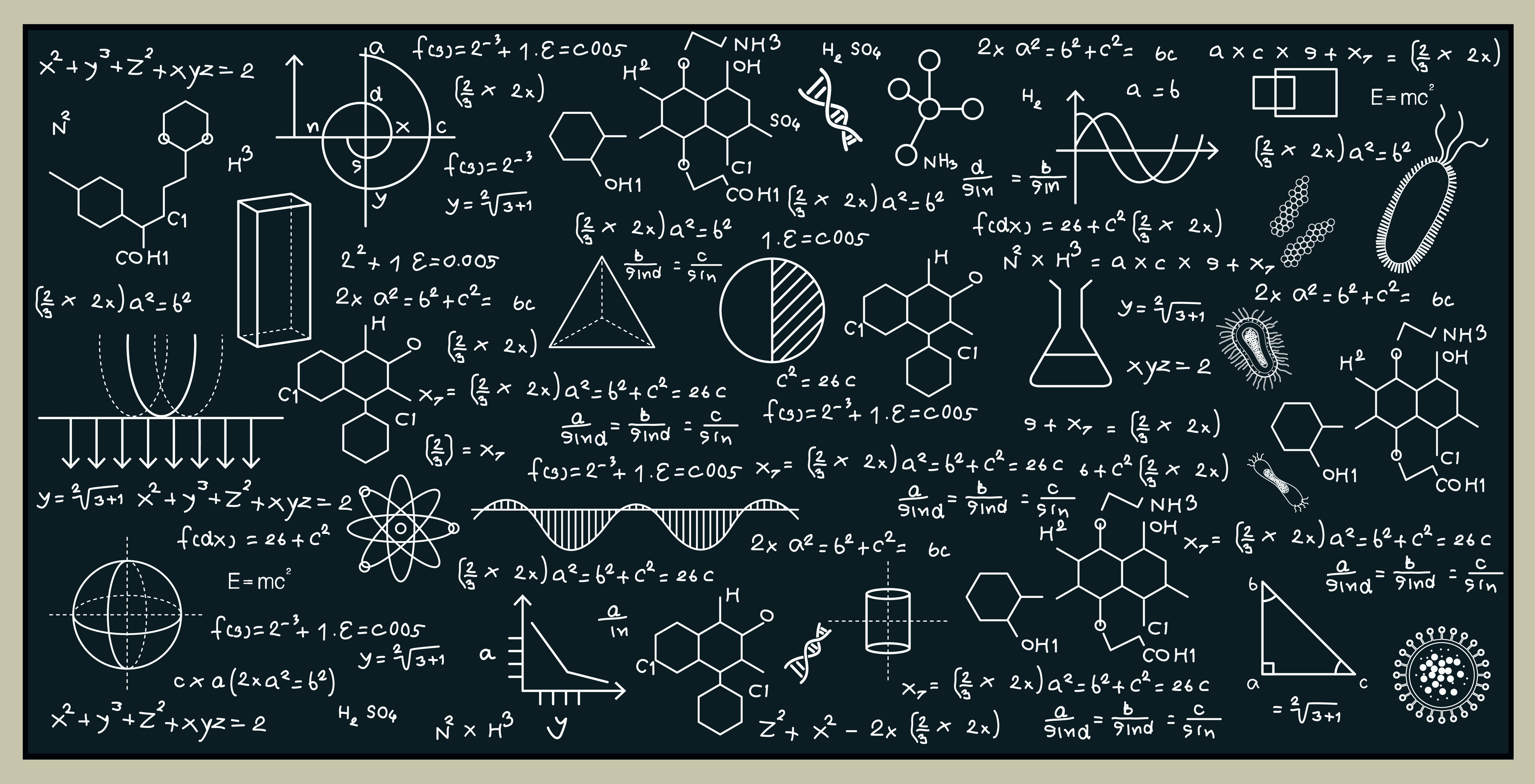 Math, chemistry, biology, physics chalkboard images