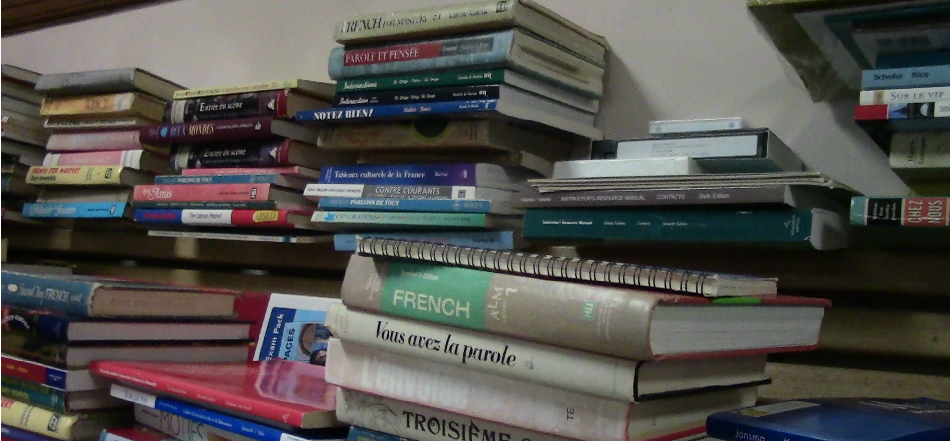 Photo of a number of stacks of international language books. 
