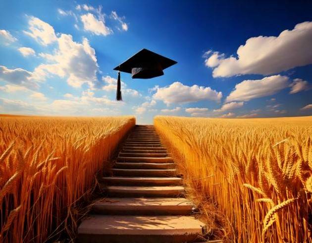 Mortarboard floating in a blue sky above steps leading up through a wheat field