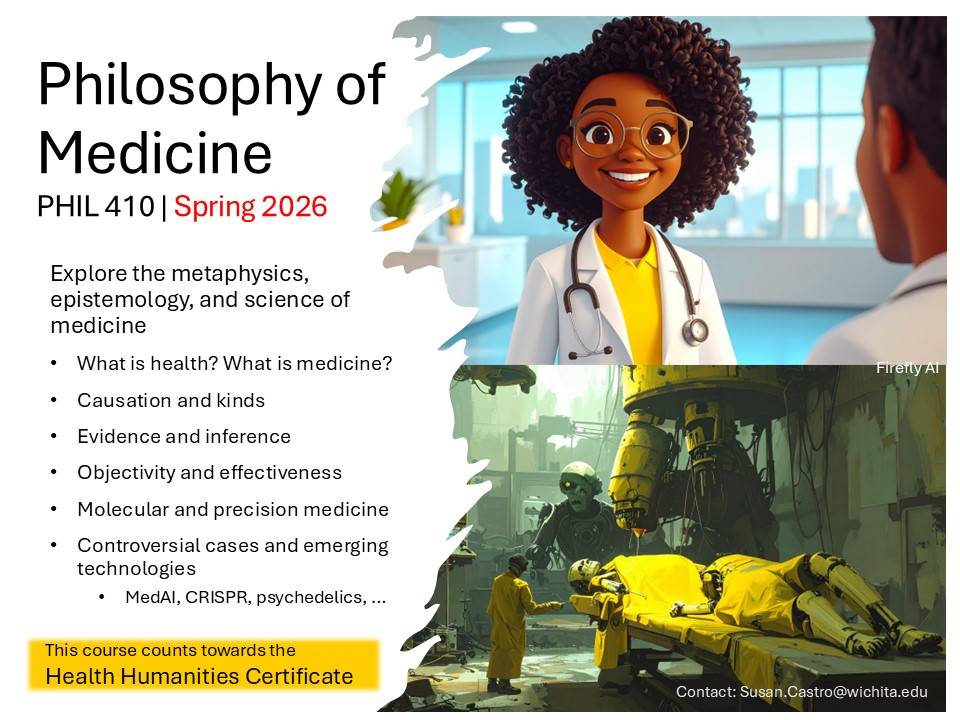Course flyer with image of cheerful young physician above a dystopic image of cyborg surgery and list of topics from the course description second paragraph.