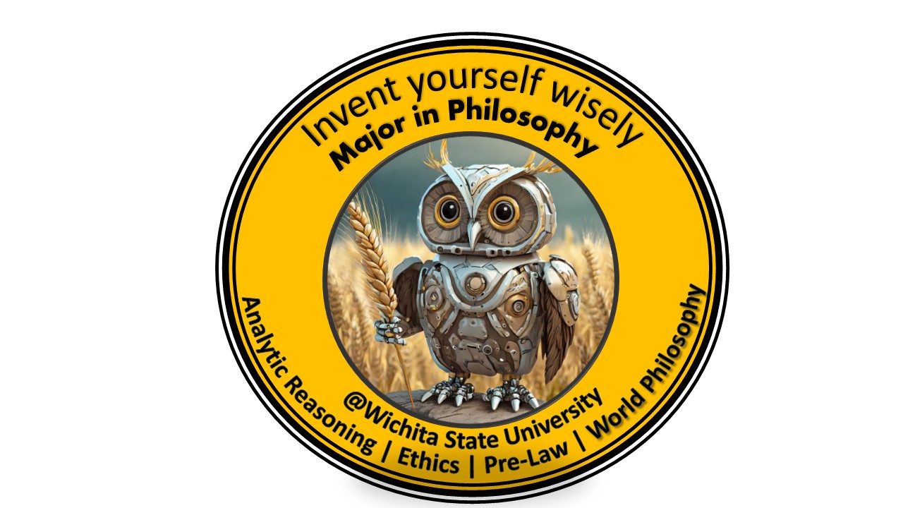 WSU Philosophy logo with Wu-Hoo, the robot mascot owl