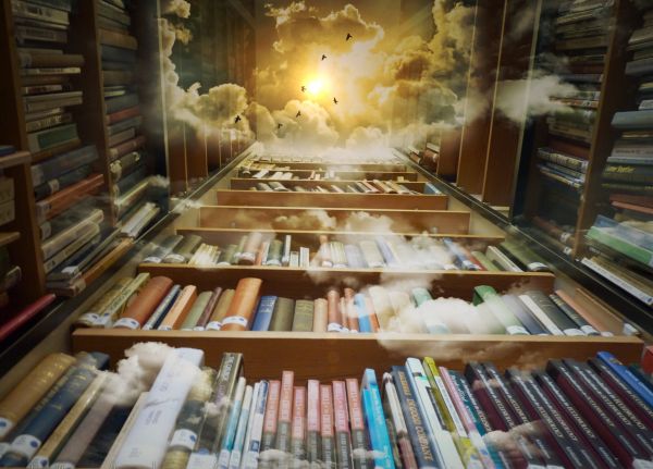 A library with no ceiling that extends to the clouds
