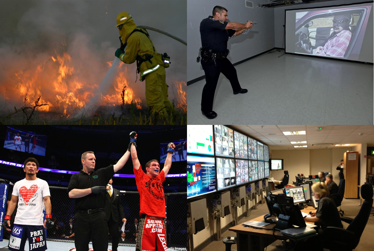 Montage of photos showing people in stressful jobs - firefighting, law enforcement, MMA fighter, and emergency services dispatcher. 