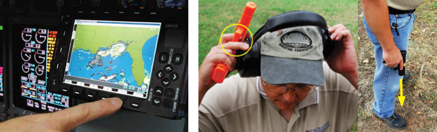 Photos of students training in equipment such as weather reporting radar (L) and handguns (R). 