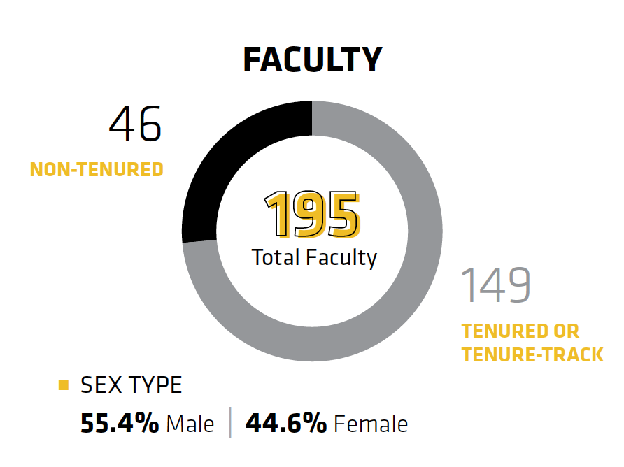 Infographic showing the makeup of faculty. 46 are non-tenured and 149 are tenured or on tenure-track, adding up to a total faculty of 195. Faculty is comprised of 55.4% male, 44.6% female.