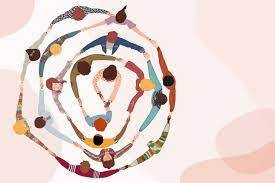pink background with a multiethnic group of people holding hands in a spiral in watercolor