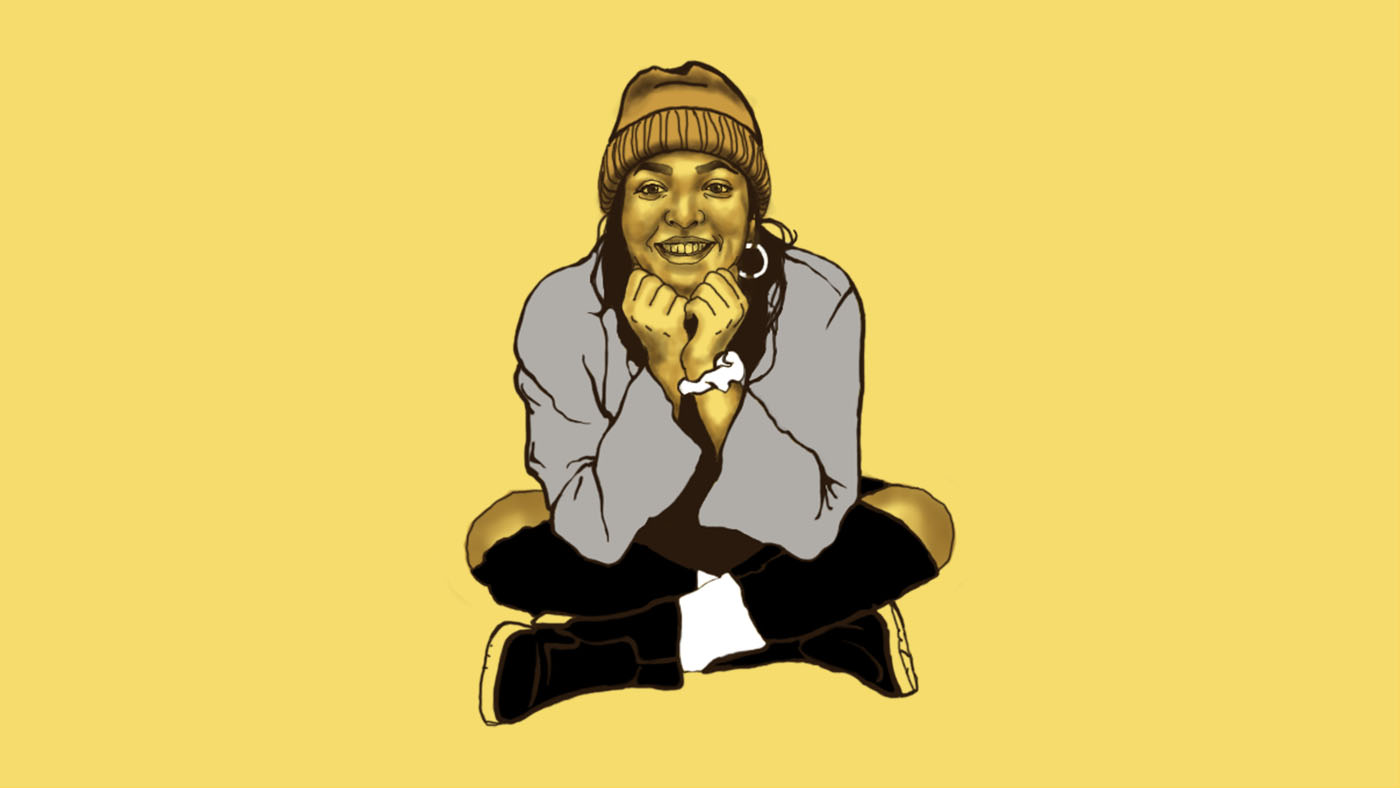 Digital portriat of Angela sitting criss cross, wearing a yellow winter hat, cool grey shirt with black pants.