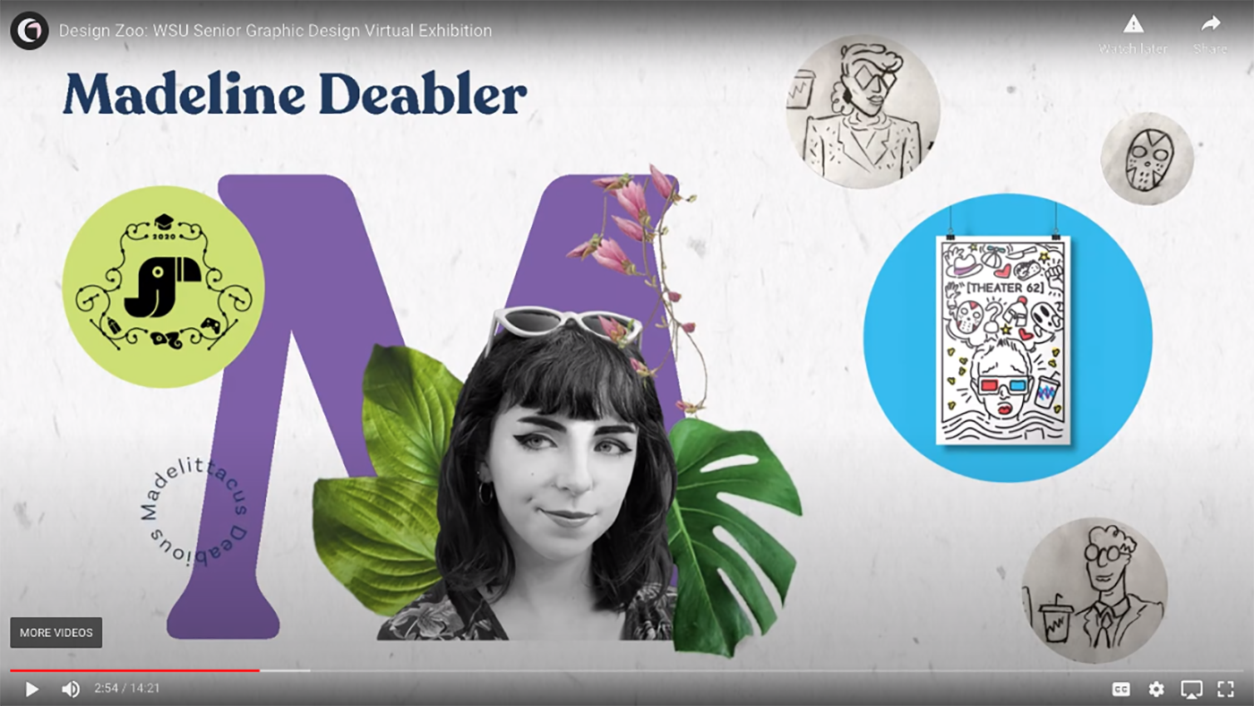 A screenshot of the Design Zoo video presentation shows senior Madeline Deabler alongside some of her illustrations