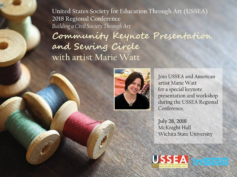 Picture of Marie Watt with information about her keynote address and sewing circle workshop.