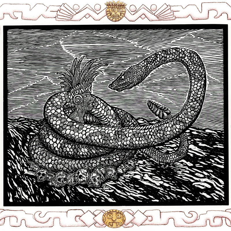 A relief and silkscreen print of a large snake coiled around a person wearing a headress. A geometric pattern is the border for the piece
