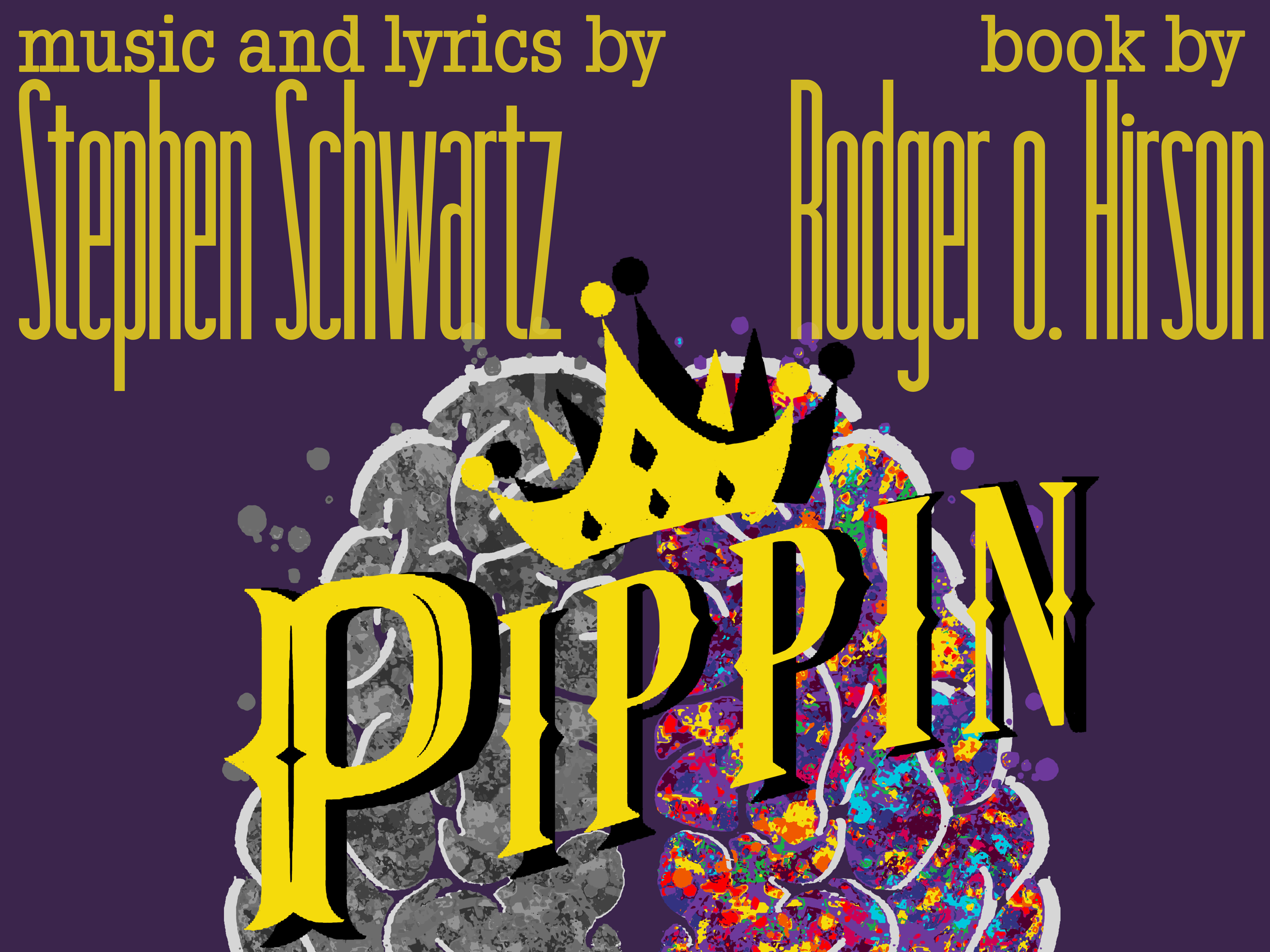A snippit of a poster about the play Pippin. It shows an image of a brain, with the left side monochromatic and the right side colorful and lively. Credits: music and lyrics by Stephen Schwartz, book by Rodger o. Hirson.