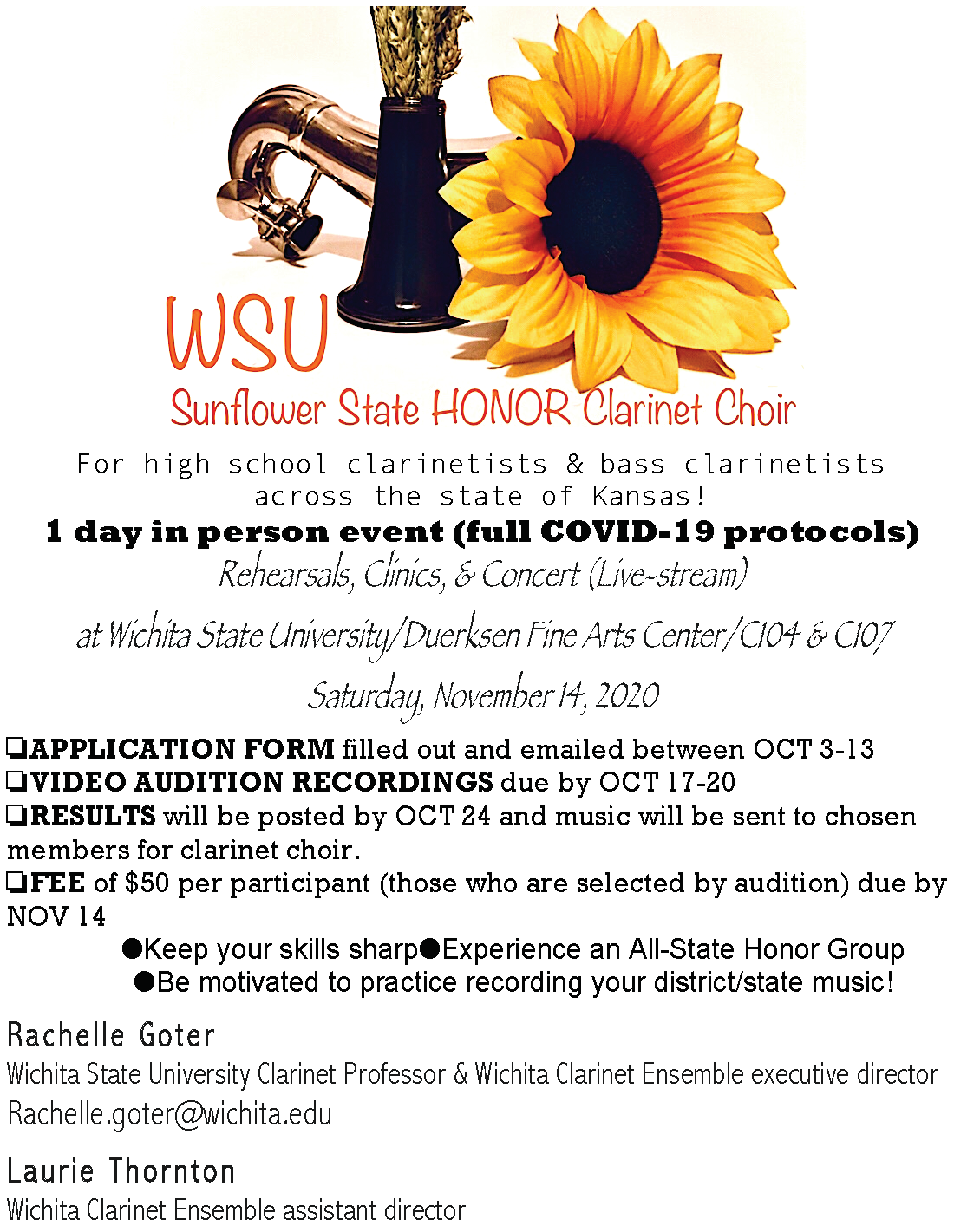 poster for the clarinet choir, all info included in letter