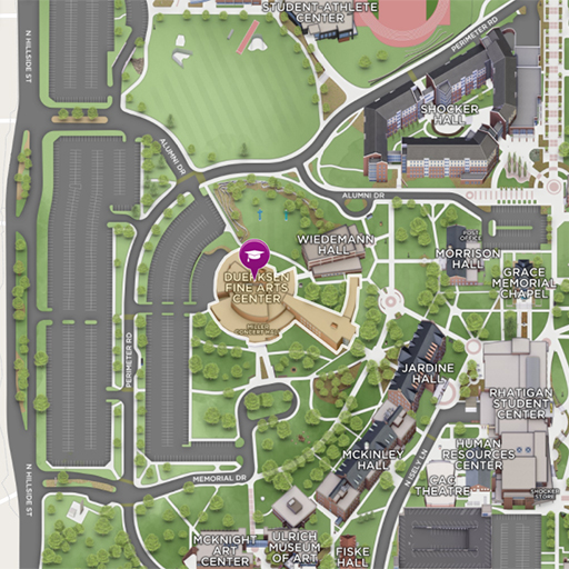 Mini map displaying the location of Duerksen Fine Arts Center. You can click to visit the WSU interactive campus map.