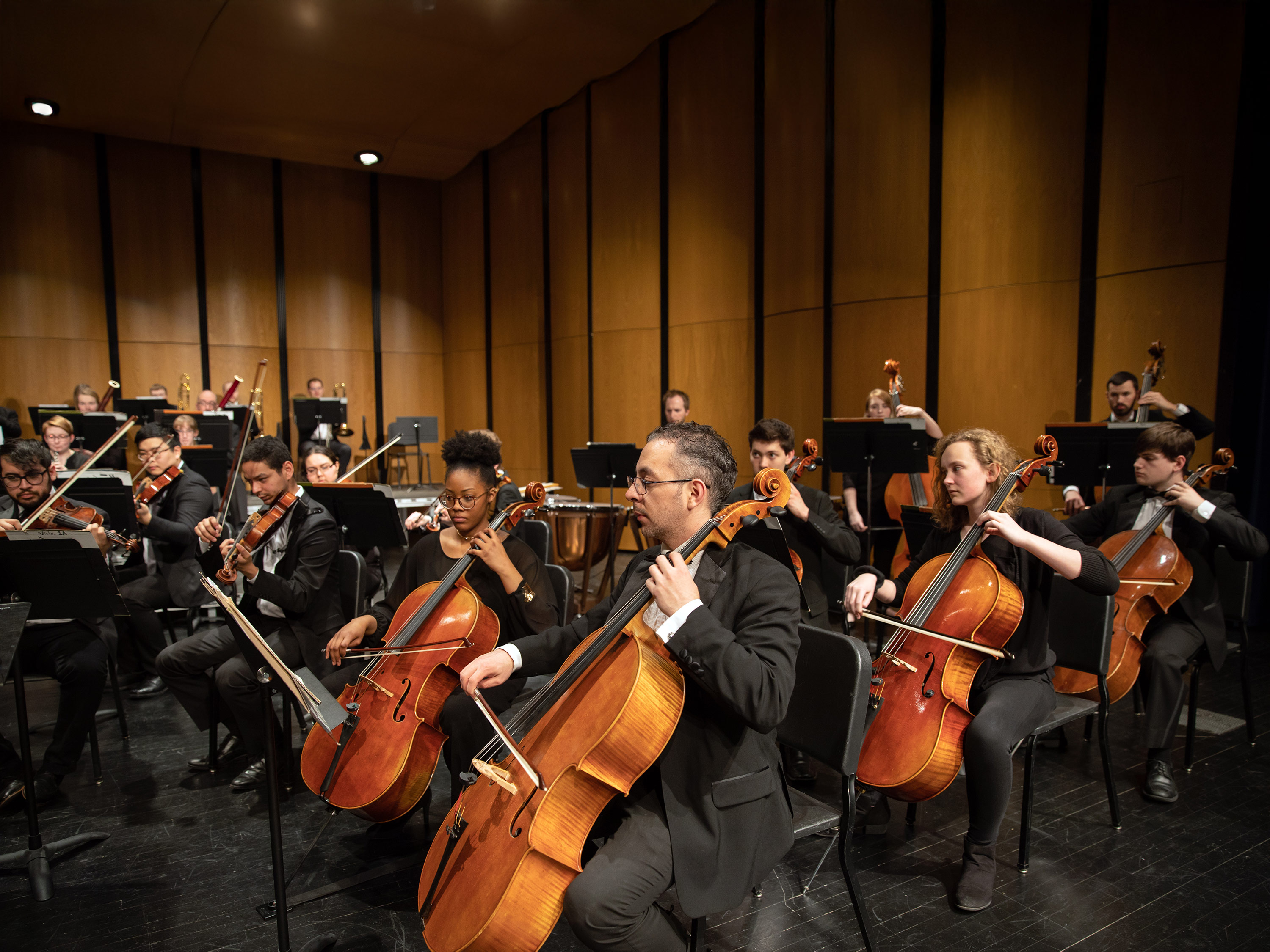 WSU orchestra students play on stage during a performance