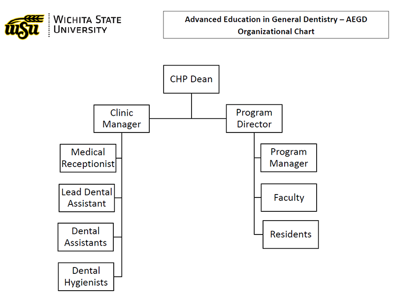 This is a graphic representation of the organization of the Advanced Education in General Dentistry. Text version can be read below this graphic.