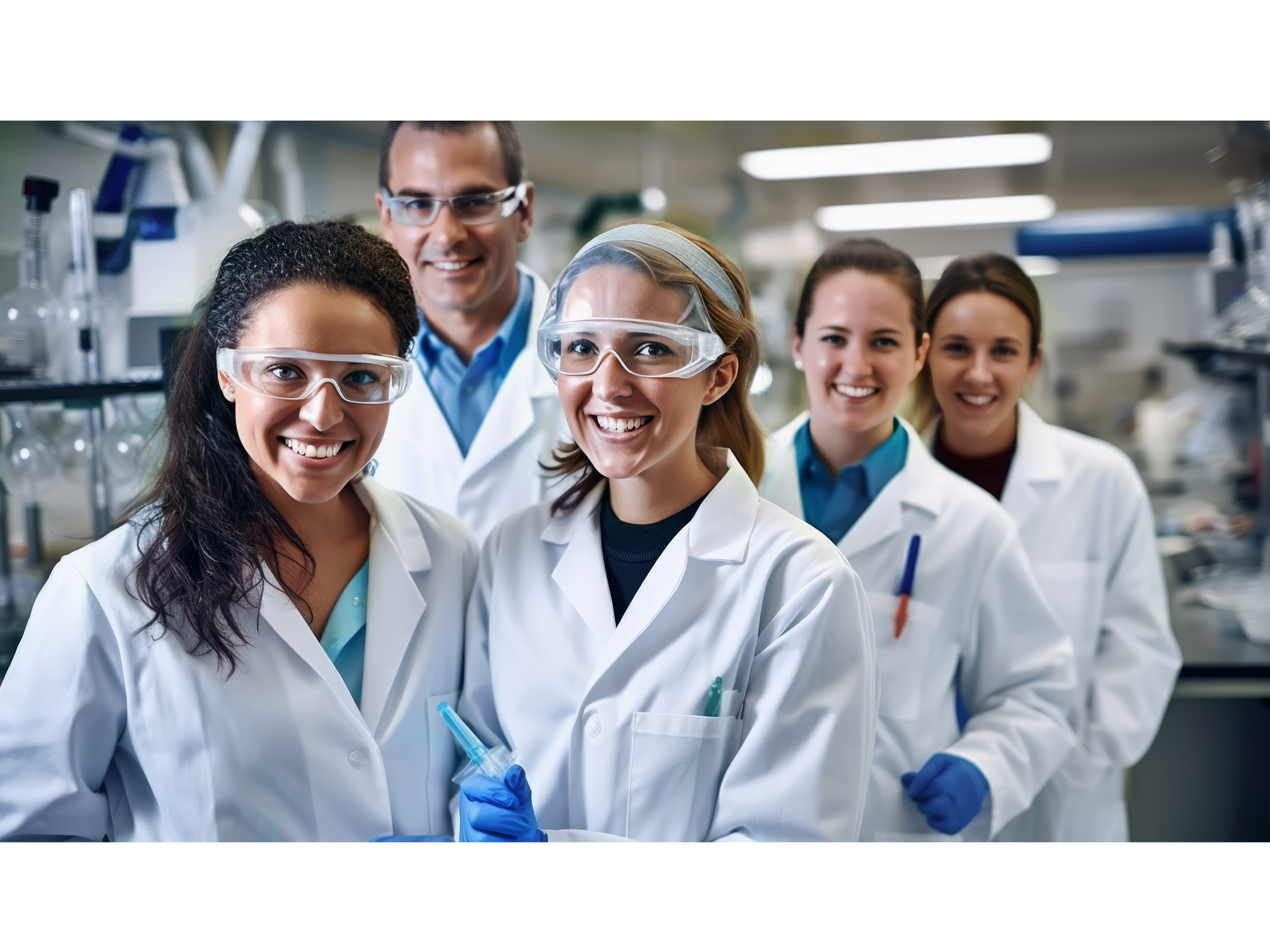 group of scientist in lab coats researching in laboratory