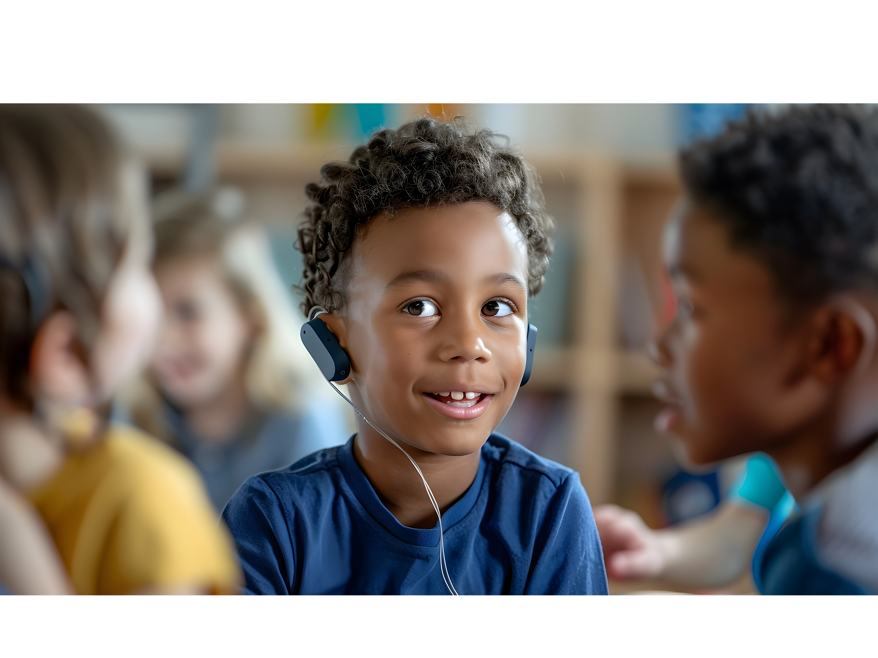 student with hearing aids interacting with classmates