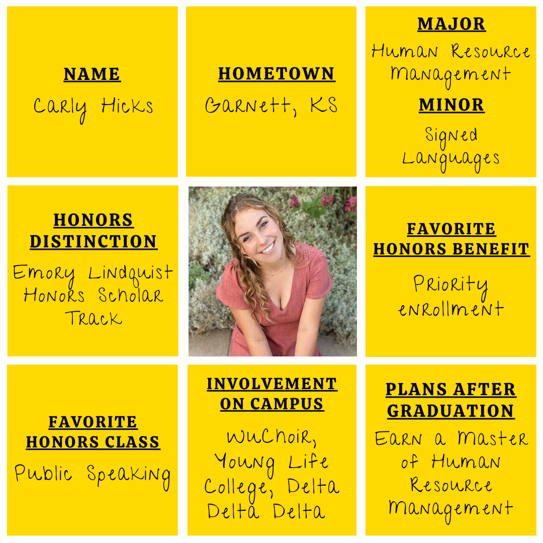 Student Spotlight Ashley Grega Grid graphic with photo of Carly Hicks in the middle and information about her experience with the Cohen Honors College surrounding.