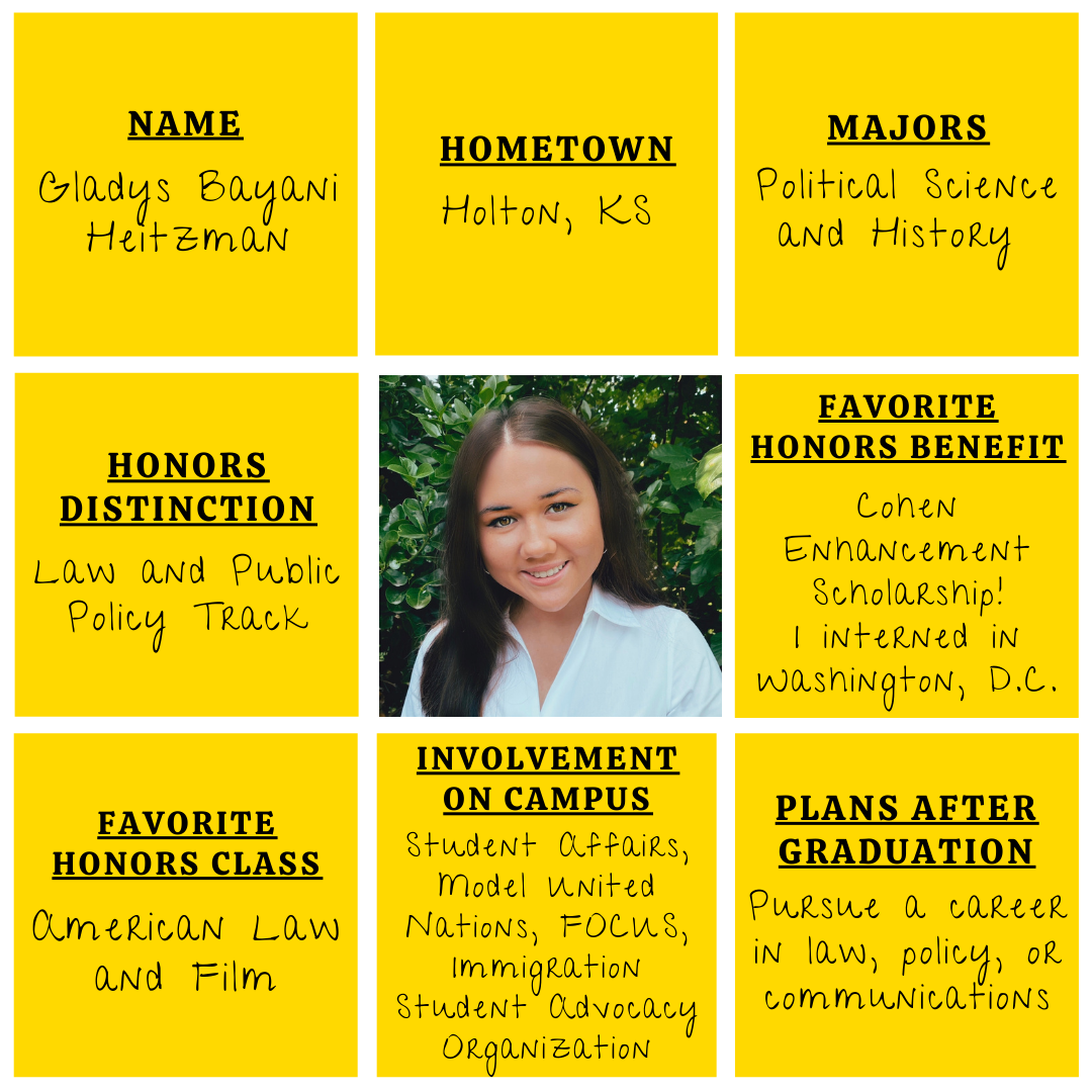 Student Spotlight Ashley Grega Grid graphic with photo of Gladys Bayani Heitzman in the middle and information about her experience with the Cohen Honors College surrounding.