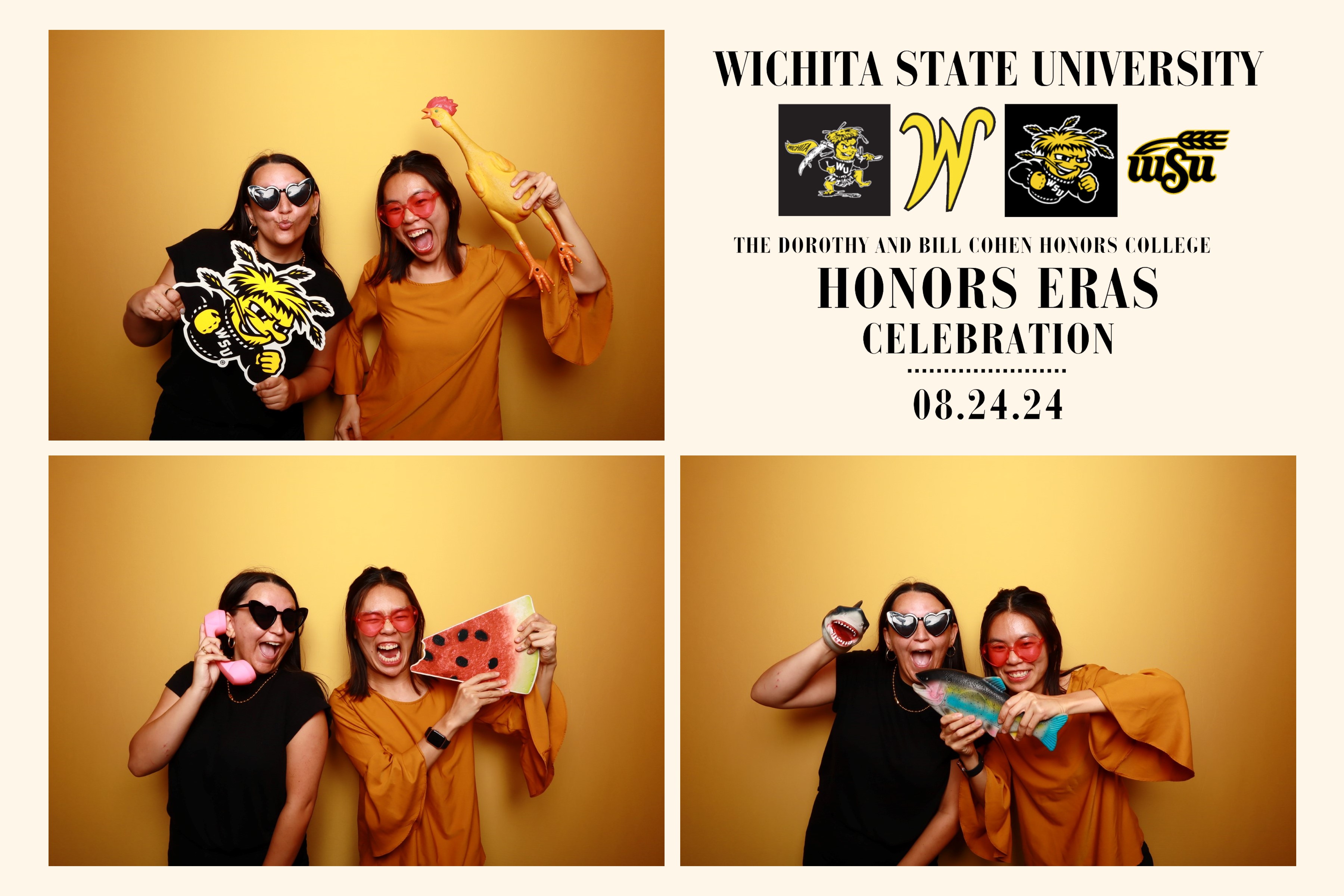 Alumni students taking fun photos on the Lamphouse photobooth.