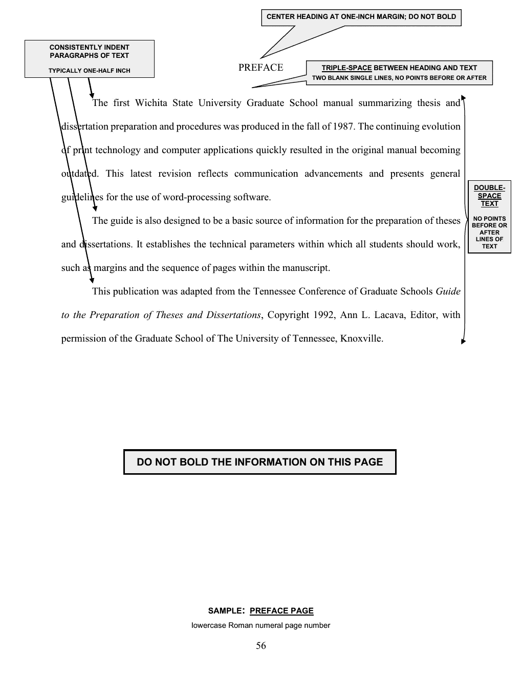 Annotated sample of the Preface Page with callout instructions; the callouts are listed as text below the image.