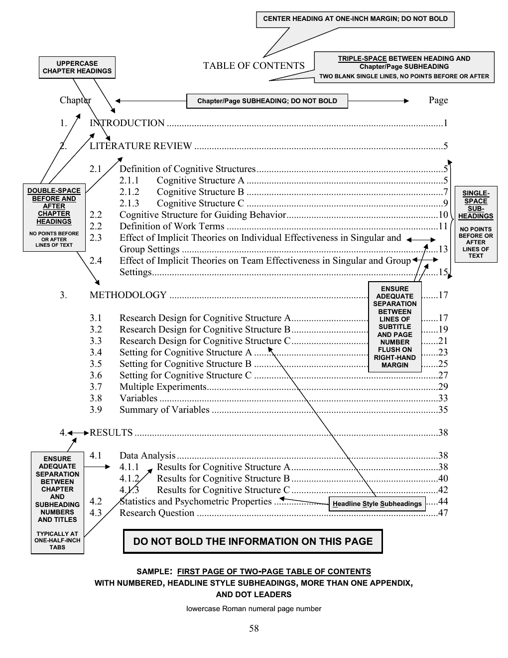 Annotated sample of the Table of Contents (two-page, first page) with callout instructions; the callouts are listed as text below the image.