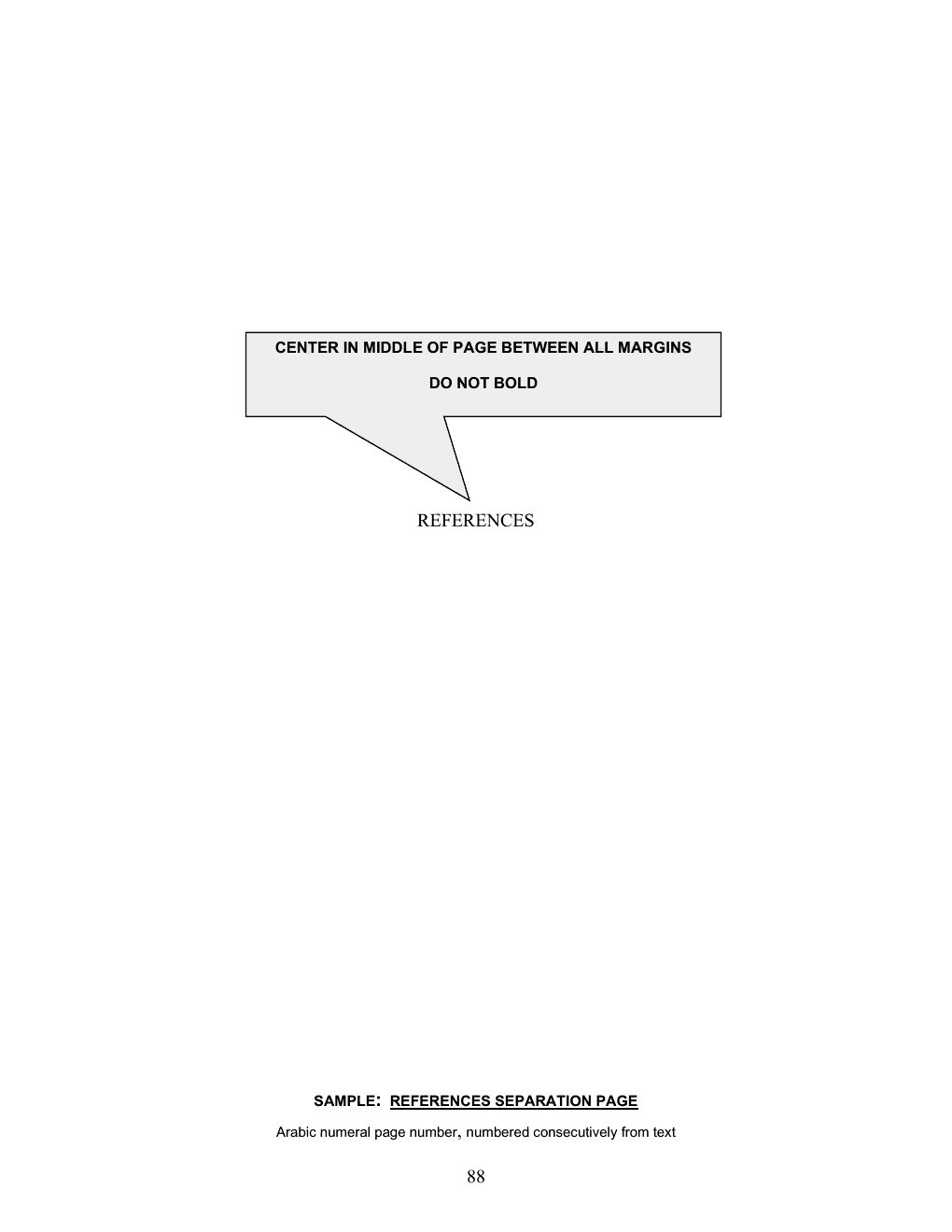 Annotated sample of the References Separation Page with callout instructions; the callouts are listed as text below the image.