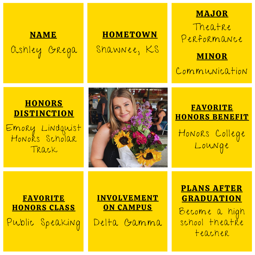 Grid graphic with photo of Ashley Grega in the middle and information about her experience with the Cohen Honors College surrounding.