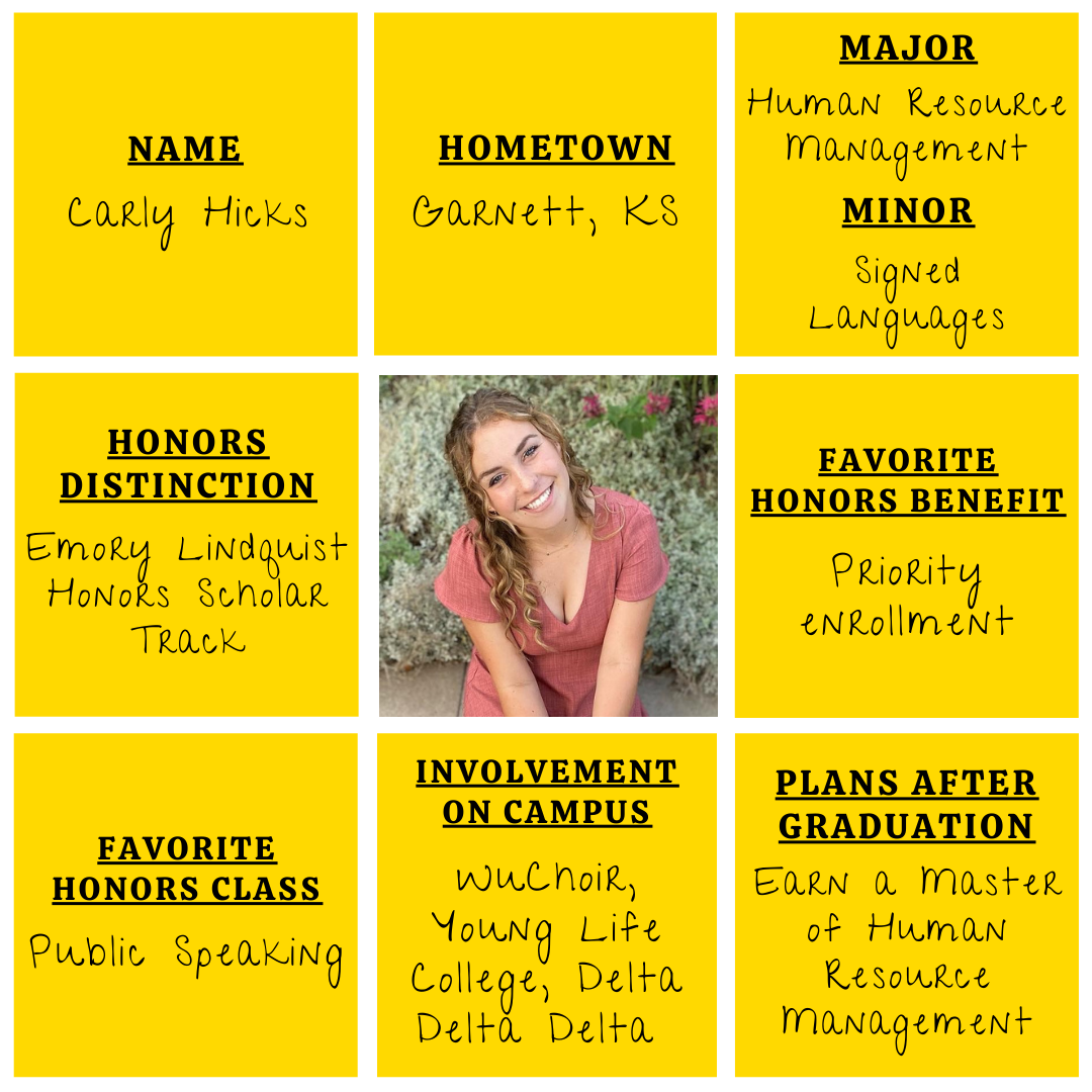 Grid graphic with photo of Carly Hicks in the middle and information about her experience with the Cohen Honors College surrounding.