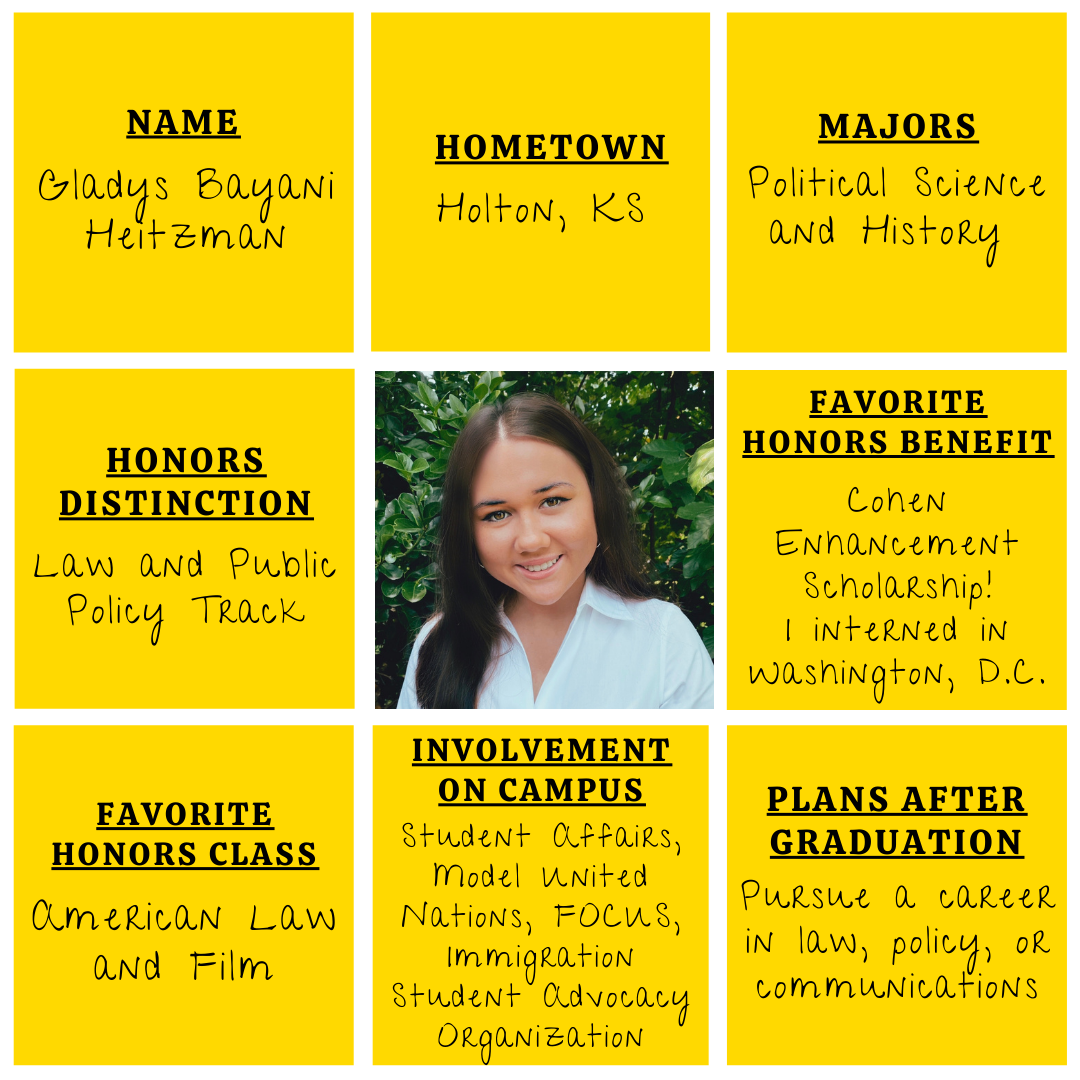 Grid graphic with photo of Gladys Bayani Heitzman in the middle and information about her experience with the Cohen Honors College surrounding.