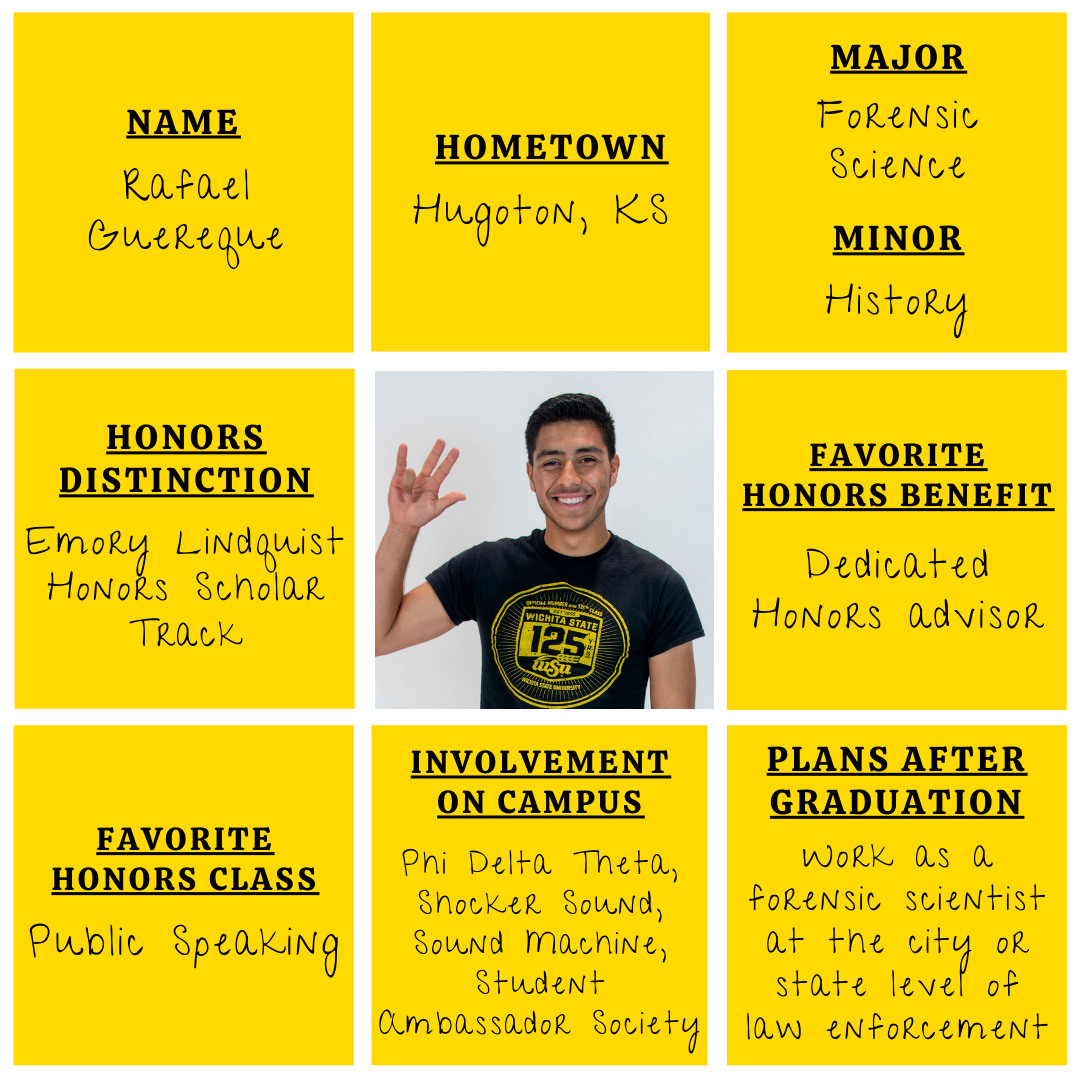 Photo of Rafael Guereque and facts about him, such as hometown, major/minor, Honors distinction, involvement on campus, and plans after graduation