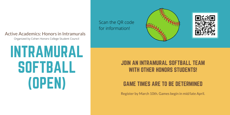 Graphic about intramural softball with a QR code