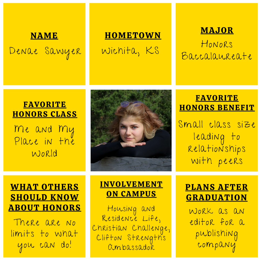Grid graphic with photo of Denae Sawyer in the middle and information about her experience with the Cohen Honors College surrounding.