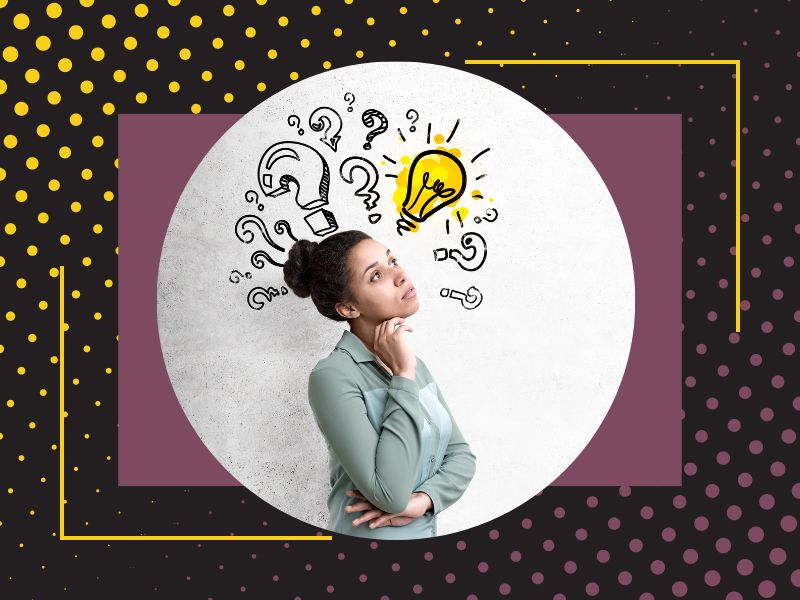 Idea Set Go branded image. A woman stares of ponderously with questionmarks over head.