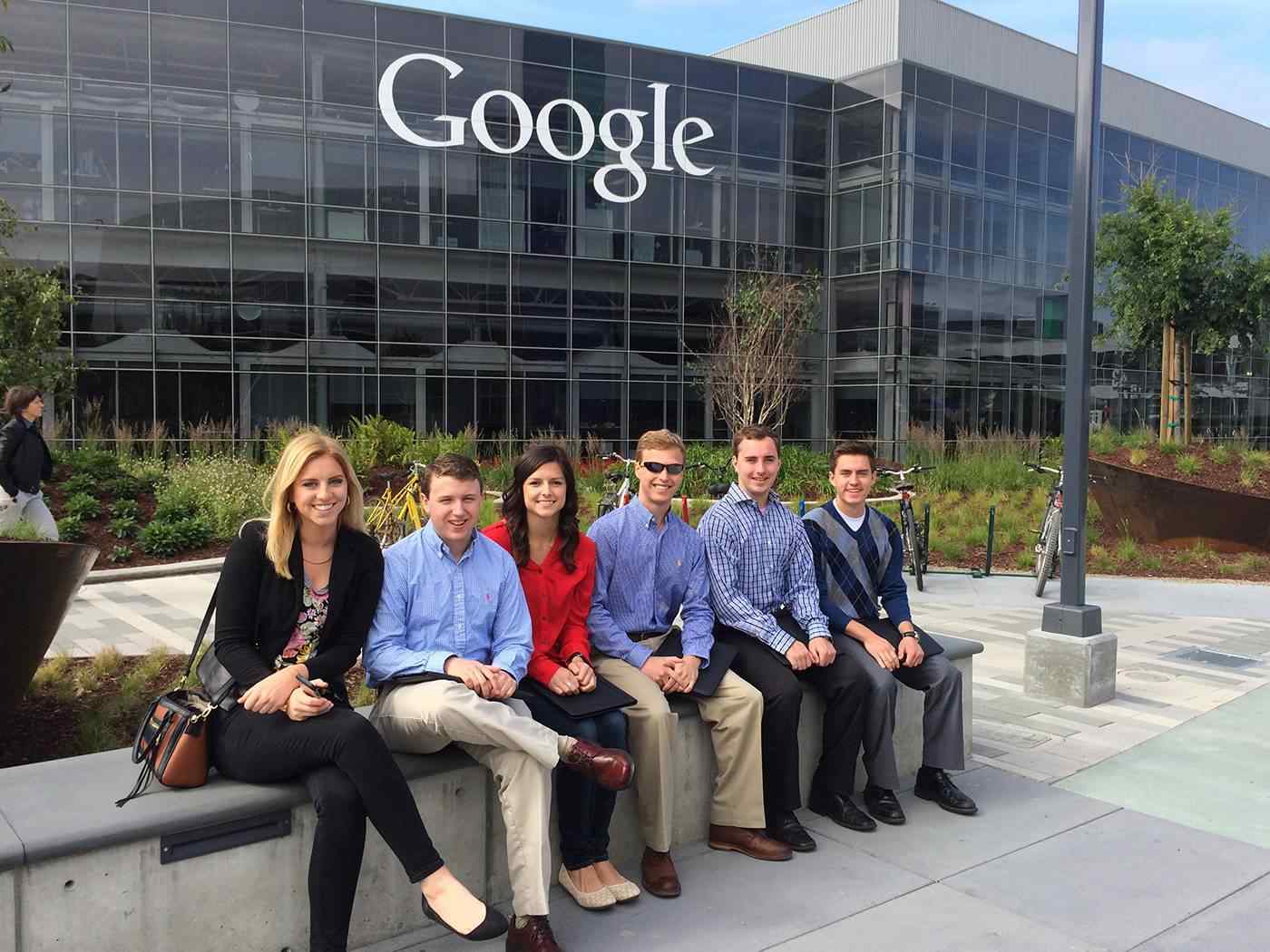 Business students in front of Google headquarters.