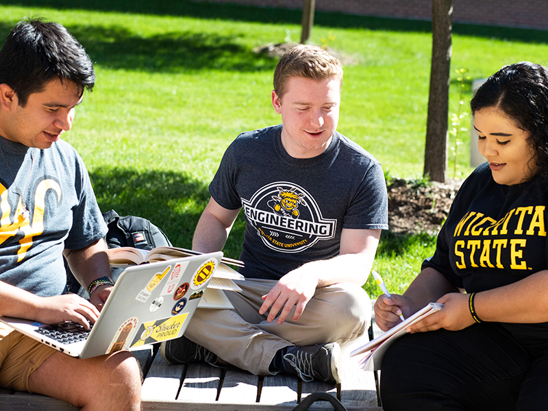 Three students studying outside