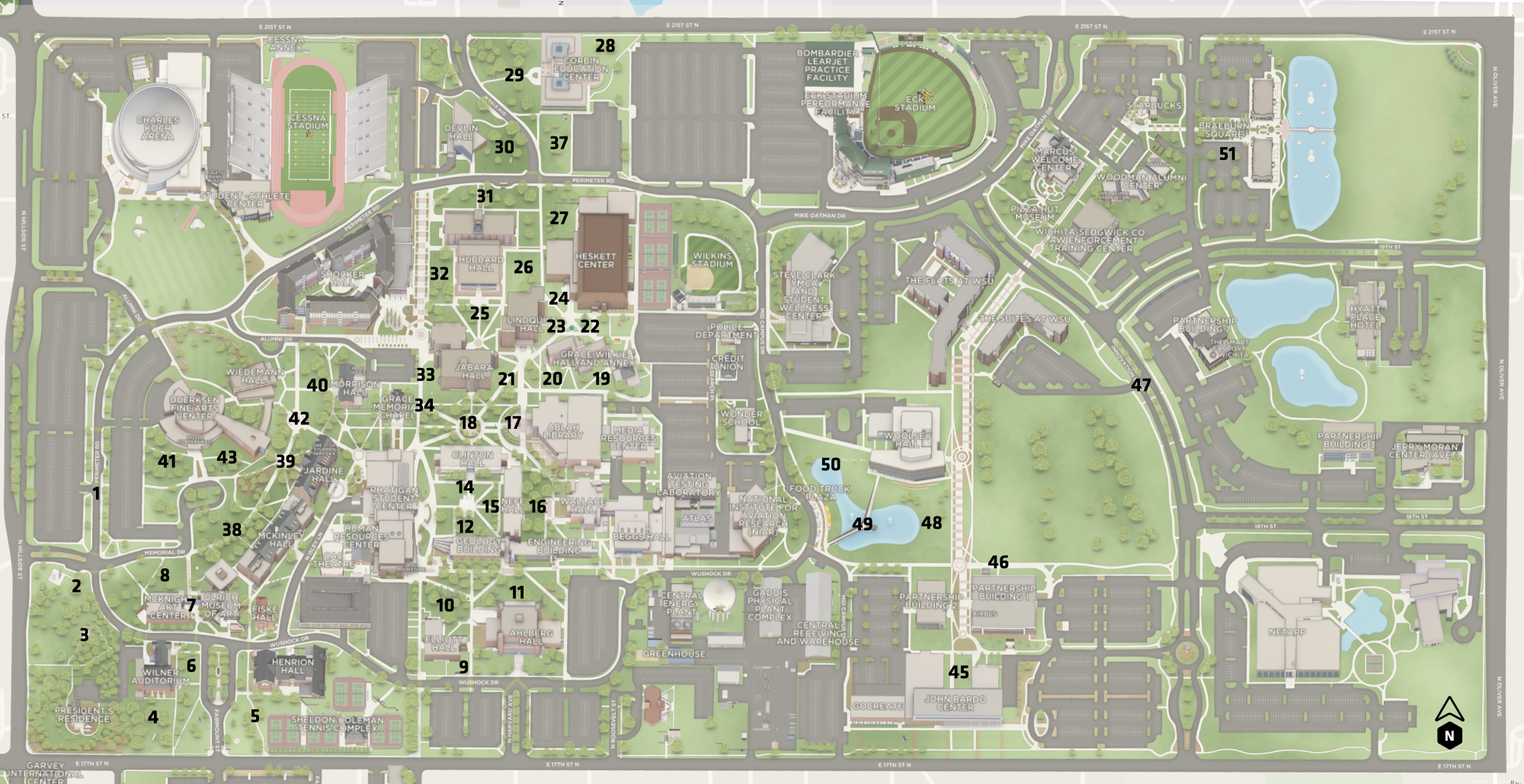 Campus map with outdoor spaces numbered