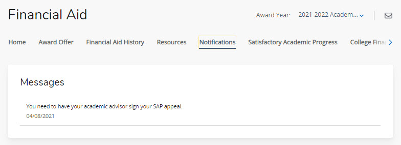 Screenshot of financial aid dashboard's notifications tab